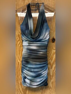 Windsor Blue Multitone Halter Cowl Ruched Mini Dress